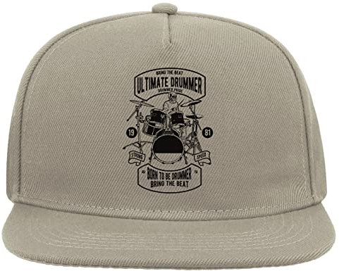 Skull Drummer Bring The Beat Born to Be Drummer 5 Panel Snapback Flat Visor Cap Hat Baseballmütze Grau