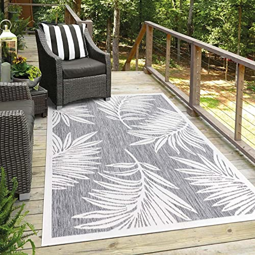 carpet city Teppich Outdoor Wetterfest - Grau - 120x170 cm - Palmen-Blätter - Balkon Teppich Wasserabweisend - In-& Outdoor Teppiche für Terrasse, Garten, Küche, Bad oder Wohnzimmer