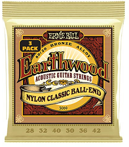 Ernie Ball Earthwood - Cuerdas de Nylon para Guitarra Folk con margen Bola, Bronce 80/20 Paquete 3