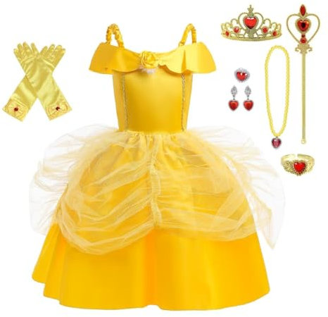 Lito Angels Vestito Belle Costume la Bella e la Bestia con Accessori per Bambina, Abito da Ballo Giallo Principessa, Taglia 5-6 anni, Stile A