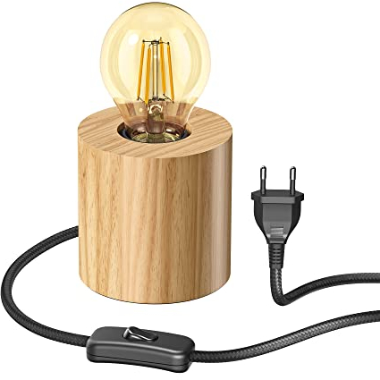 ledscom.de Tischlampe HITO, Holz massiv, rund, inkl. E27 Lampe 471lm Retro gold extra-warmweiß