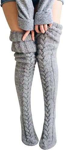 Heflashor Kniestrümpfe Winter Warm Overknee Socken Lange Strick Strümpfe Beinwärmer Oberschenkelhohe Socken Weihnachtssocken für Damen und Mädchen,Grau