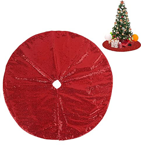 Falda Árbol Navidad, Alfombra de Lentejuelas para Decoración, Pie de Árbol, 90cm (Rojo)