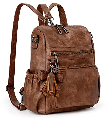 UTO Damen Rucksack Leder Vegan Tagesrucksack Modischer Multifunktion Rucksackhandtaschen mit Schleife Quaste Lässige Vielen Kompartiment Reißverschluss Daypack Für Freizeit Schule Reise Braun