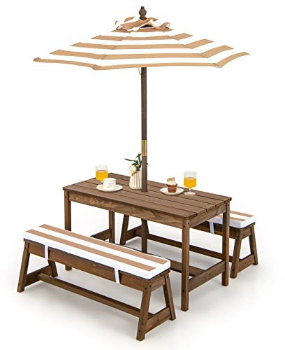 COSTWAY Tavolo da Picnic per Bambini con Parasole Pieghevole, Set di Tavolo e Panca in Legno con Cuscini, per Giardino, Cortile, Patio (Marrone)