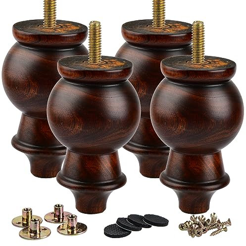La Vane 5.5 inch Wooden Furniture Legs, 4PCS Soild Wood Turned Spindle Replacement Bun Feet with Pre-Drilled M8 Inch Bolt & Mounting Plate for Couch Sofa Cabinet Ottoman