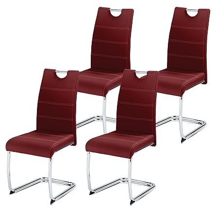 KHG 4er Set Esszimmerstühle Schwingstuhl Polsterstuhl Küchenstuhl Kunstleder Rot - Design Stuhl Sitzhöhe 48 cm - Freischwinger mit integriertem Griff, für Büro Küche Wohnzimmer