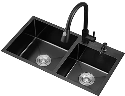 Küchenspüle, schwarzes Waschbecken, Gemüsebecken aus Edelstahl 304, Doppelwaschbecken, Einbau-Installation (Farbe: Schwarz, Größe: 78 x 43 cm)