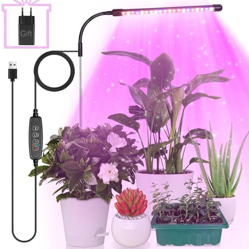Luce per Piante, Lampada per Piante a Spettro Completo Regolabile in Altezza con Timer 3/9/12 Ore, Lampada per Piante con Adattatore, 10 Luminosità, 3 Modalità, Ideale per Piccole Piante