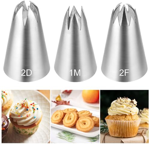 Mabor Set di 3 beccucci grandi per decorare torte fai da te, in acciaio inox, per cupcake, biscotti, 1 m, 2D, 2F, per glassare