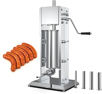 Sausage Stuffer, 2L/3L/5L Stainless Steel Vertical Sausage Maker with 4 Replaceable Nozzles, Adjustable 2 Speeds and 1.5KG/H-4KG/H Production, Automatic Exhaust, for Home, Restaurant 5L