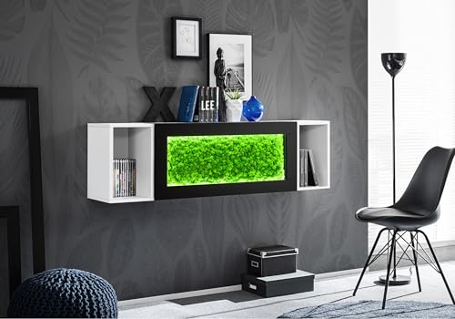 Komodee, Vitrine Schrank Trento Grüner Moos, Weiß/Weiß, Breite 140cm x Höhe 40,5cm x Tiefe 35cm, LED-Beleuchtung, für Wohnzimmer, Schlafzimmer