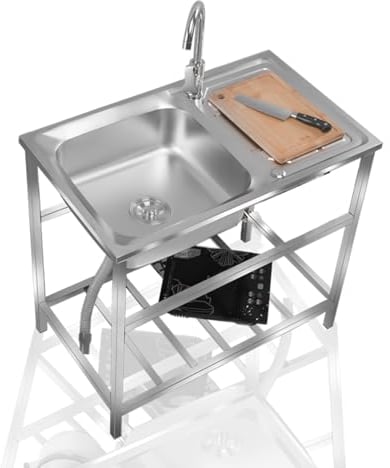 Utility Sinks for a Laundry Room, Freestanding 304 Stainless Steel Sink, Commercial Kitchen Washing Sink 1 Compartment with Faucet, for Garage,Restaurant,Kitchen,Laundry Room,Indoor Outdoor (Size : S