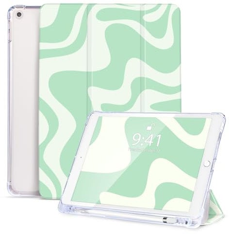 Vozehui Case for iPad 10.2 inch 9th/8th/7th Generation (2021/2020/2019 Model), Shockproof Case Cute Wavy Pattern Design Cover with Pencil Holder, Auto Wake/Sleep for 10.2 iPad (Green Wavy)