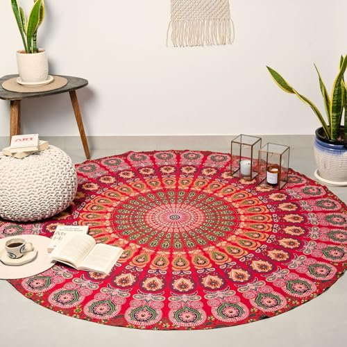 RAJRANG BRINGING RAJASTHAN TO YOU Runder Strandtuch-Wandteppich, goldenes Rot – Mandala-Roundie-Tischdecke, Boho-Chic-Baumwollüberwürfe für Picknick und Camping, 182,9 cm