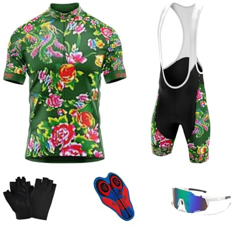 Completo Ciclismo Estivo Abbigliamento Ciclismo Manica Corta Tuta Ciclismo Uomo 9D Gel Traspirante e Ad Asciugatura Rapida con 3 tasche - traspirante＋Guanti,Occhiali da Ciclismo (TYP-4,5XL)