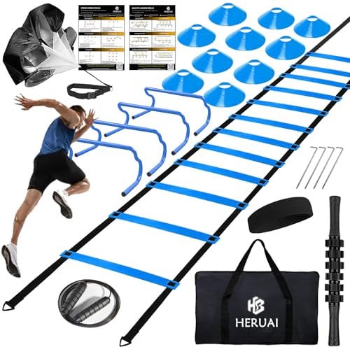 Juego de equipo de entrenamiento de velocidad de escalera de agilidad, escalera de velocidad de 20 pies, 4 obstáculos, 10 conos de velocidad, paracaídas para correr, equipo de entrenamiento de fútbol