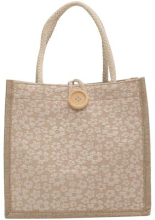 Yisawroy Borsa in iuta con manico, borsa casual in juta, leggera, borsa per la spesa riutilizzabile borse da spiaggia, cachi