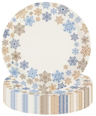 50Stück Schneeflocke Pappteller, 23cm Einweg Winter Xmas Schneeflocke Platter Heavy Duty Tablett Weihnachten Party Dekoration für Kinder Gathering Karneval Küche Geschirr Dekor Für 50 Personen