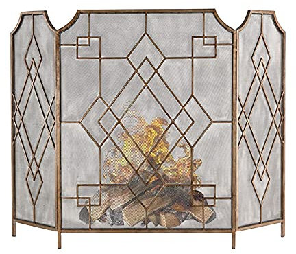 s Dekorativer, goldfarbener, 3 teiliger, Faltbarer Funkenschutz für Gas, Holzkamin, Feuerstelle, Wohnzimmer,