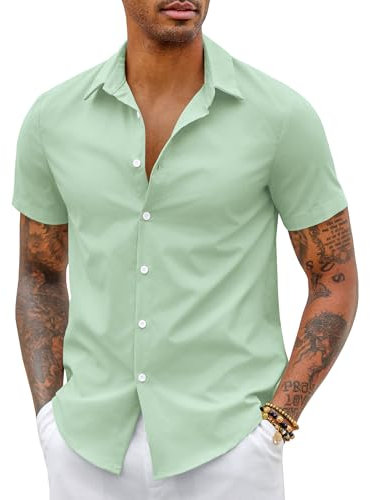 COOFANDY Mens Shirts Short Sleeved Shirts Casual Shirts Dress Shirts Summer Shirts Non Iron Shirts Slim Fit Button Up Shirt Business Shirts for Men Light Green L