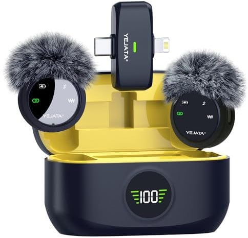 YEJATA 2-in-1-Funkmikrofon für iPhone, Android, Mini-Mikrofon mit Rauschunterdrückung, 40-Stunden-Ladeetui, Magnetklappe und Interviewklemme, 25 Meter