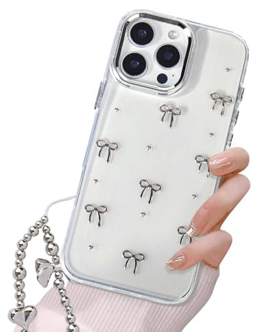 Reownest Clear for iPhone 16 Pro Max Case Cute Glitter Bowknots Ribbon Aesthetic Pattern Bling Design Soft Bumper Camera Lens Protective Phone Cover for Women Girls +Sparkle Chain