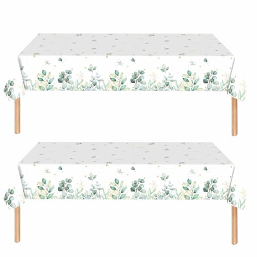 2Pcs 137*274cm Sage Green Birthday Tablecloth Decorations for Spring Sage Flowers Table Cloth Plastic Floral Disposable Table Cover for Wedding, Afternoon Tea, Baby Shower Party Table Decor