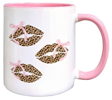 Foyoulame Pink Bow Leopard Print Lips Coffee Mugs, Leopard Cheetah Mug - Preppy Coquette Bow, Coffee Teacup, Preppy Girly Gift Mugs for Women Girls, Coquette Cheetah Print Lips Ceramic CoffeeMug 11oz