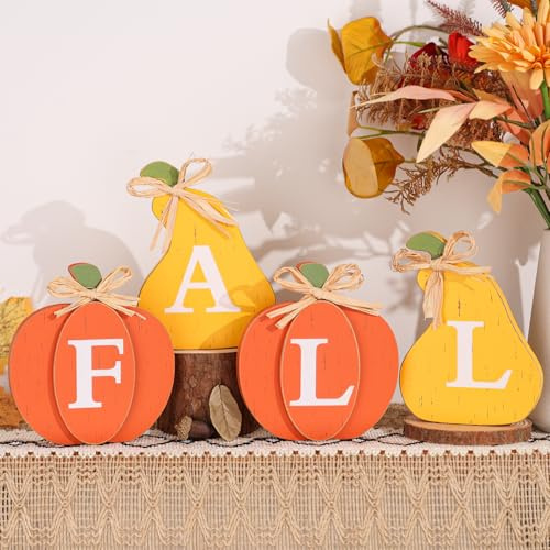 4 Pcs Fall Thanksgiving Pumpkin Decor Fall Decor Autumn Farmhouse Sign Rustic Tiered Tray Decorations Table Centerpieces Standing Wooden Block Sign for Home Kitchen
