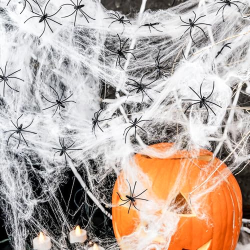 Halloween Spinnennetz, 300g Spinnweben Halloween mit 60 Spinnen, Schafft eine gruselige Atmosphäre, für Karneval Fasching Party Dekoration Outdoor Gart
