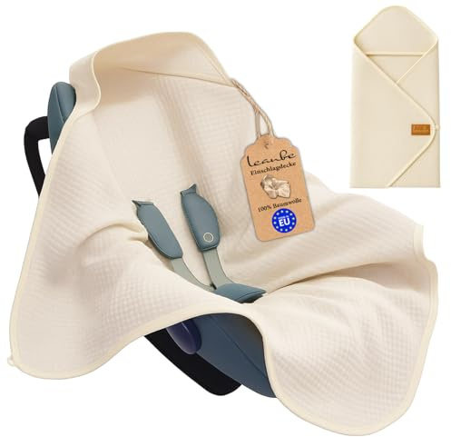 Leanbe Einschlagdecke aus Waffelstoff für den Sommer 100% Baumwolle Babydecke für Autositz Kuscheldecke Kinderwagedecke Für Kinderwagen Buggys 3 Punkt Gurt (Creme)