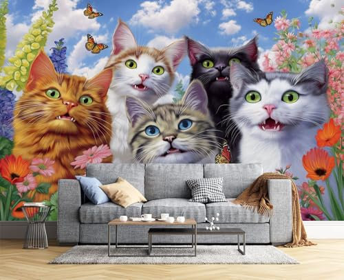 Papel Pintado Jardín De Gatos Animales Encantadores 200X140Cm Fotomurales Pared Seda Decorativos Murales Fotográfico De Paredes Salón Dormitorio Habitación De Los Niños Bebé Azul