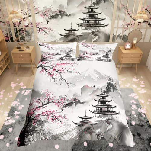 Homewish Parure de lit japonaise de style oriental chinois pour lit king size, ensemble de literie japonais à motif de cerisier pour enfants, adolescents et adultes, housse de couette à motif floral