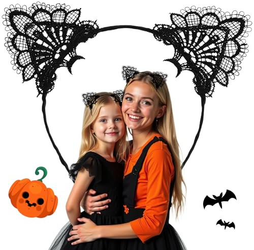 Serre-tête oreilles de chat pour Halloween - Accessoire de cheveux en dentelle noire pour cosplay, déguisement, bal masqué et fête costumée - Serre-tête oreilles de chat noir
