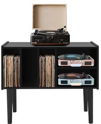 RUETERY Estantería tocadiscos, mesa giratoria con almacenamiento, soporte para tocadiscos grande con patas, soporte de vinilo para sala de música y sala de estar