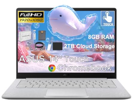 ASUS 14 FHD Touchscreen Students Chromebook, Intel Celeron N4500 (> i3-1115G4), 8GB RAM, 2TB Cloud Storage, 256GB Storage (128GB eMMC + 128GB SD Card),Anti-Glare, Chrome OS,with 5ave 6-in-1 Kit