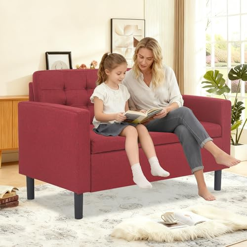 Mingou 2-3 Sitzer Sofa mit Stauraum, Skandinavisches Sofa aus Leinenstoff für Wohnzimmer, Schlafzimmer, Büro, Sitzbank Couch 118x63x76 cm Rot