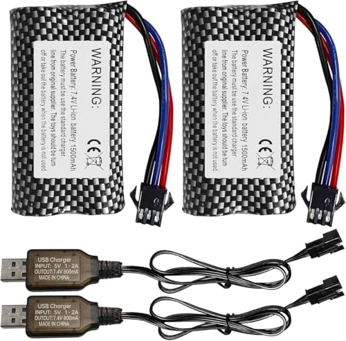 ZYGY 2PCS 7.4V 1500mAh SM-3P Plug Lithium Battery with USB Charging Cable for DE43 DE60 Racing RC Car Battery 1575 Dump Truck Construction Vehicle Toy Car
