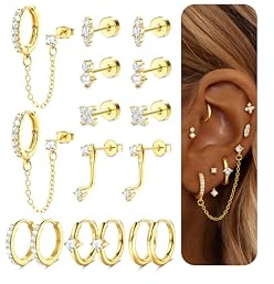 Dochais Hypoallergenic Flatback Stud Hoop 14K Gold Plated Earrings Stacks - Surgical Stainless Steel Earring Set Chain Cartilage Earrings - Small Ear Piercing Flat Back Earring for Women Trendy