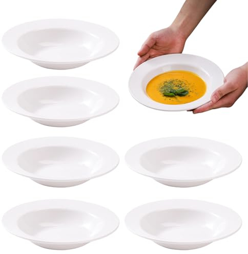 PORFOYO 6er Set Pastateller, Speiseteller Set, Pastateller Suppenteller Tief Kunststoff, Groß Tief Wiederverwendbar, Camping Teller, Bianco Rund, Suppenteller Für Rv,Party,Picknick,Camping(Weiß)