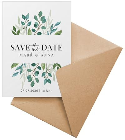 Ausgewählt verpackt Personalisierte Save the Date Karten Hochzeit ab 10 Stück – selbst gestalten mit Text – inkl. Umschläge, A6 – Datum Trauung, Geburtstag, Taufe – (Motiv 3 - Hochformat)