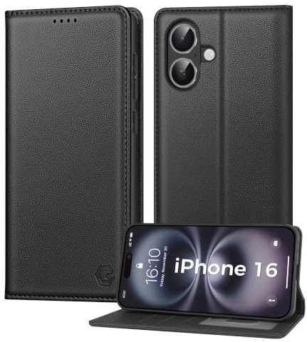 Kirnntca Handyhülle für iPhone 16 Hülle, Kartenfach Premium PU Leder Klapphülle Schutzhülle, Standfunktion Tasche Flip Case für iPhone 16 - Schwarz