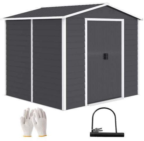 Outsunny Gerätehaus 4,4 m² Gartenhaus Pultdach 240x206x198 cm Dunkelgrau | Schiebetür, Fundament, Einfach Montage, Geräteschuppen aus Verzinkter Stahl, Wetterfest, für Garten