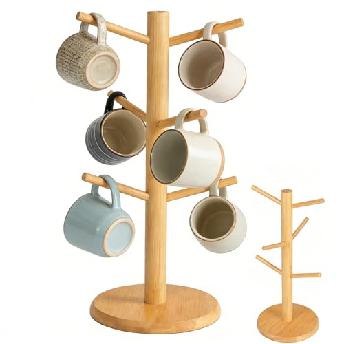 ToqoGeri Coffee Mug Holder, Cup Holder for Counter, Black Bamboo Mug Tree with Thicker Base, Coffee Cup Stand, Coffee Mug Rack Organizer with 6 Hooks (Bamboo Color)