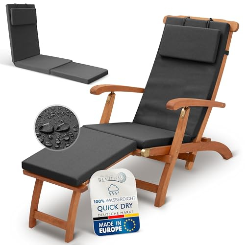 Beautissu Deckchair Auflage Polsterauflage für Liegestuhl wasserdicht | 175x45cm Anthrazit 100% & wetterfest schnell trocknende Liegenauflage Gartenstuhlkissen Outdoor Polster Gartenliege QD-DC