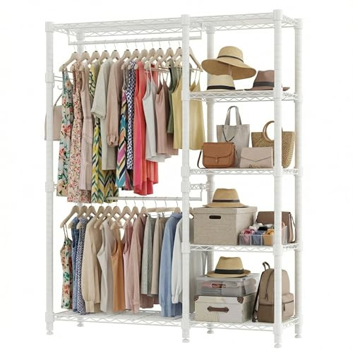 Kleiderständer Stabil Offener Kleiderschrank mit 5 Ablagen Schwerlast Kleiderstange mit 2 Kleiderstangen Höhenverstellbar Garderobenständer mit Haken Schlafzimmer Flur Wohnzimmer 114*44*195cm Weiß