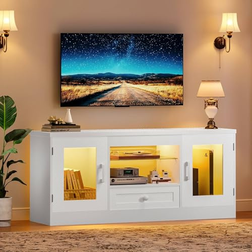 Concho White TV Unit, TV Stand Cabinet with LED for Living Room | Suitable for up to 50'' TV, 2 Cabinets for PS5, Adjustable Shelves, Easy Assembly,106*32*50.5cm
