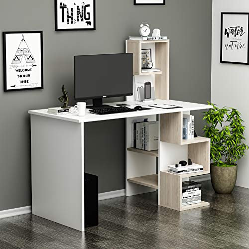 HOMIDEA DERONI Scrivania - Scrivania per computer - Scrivania ufficio - Porta PC - Tavolo per Computer con Scaffale Ripiano (Bianco/Avola) (Bianco/Avola)