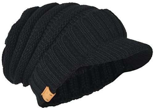 Herren Dick Knit Newsboy Cap Visier Mütze Hut Fleece Gefüttert Strickmützen B319 (Schwarz)